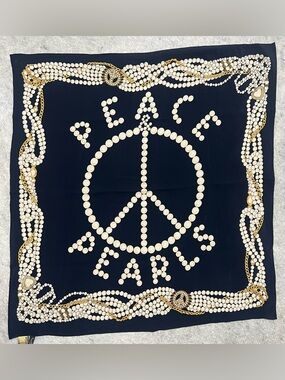 VTG*Moschino’Peace & Pearls’Chain Prints Silk Scarf Navy w/white & Gold- 34x32”